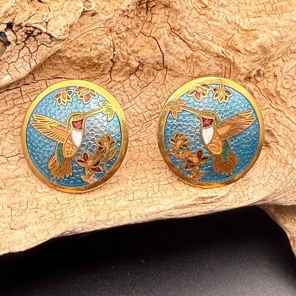 Vintage SITI Cloisienne Hummingbird Enamel Stud Earrings Gold Tone Blue Teal 1in
